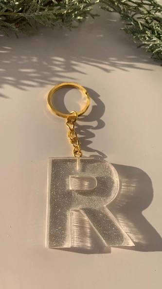 R Harfi Fosforlu Neon Yeşil Renk Parlak Simli Gold Aksesuarlı Anahtarlık El Yapımı Epoksi Hediyelik - Resim 6