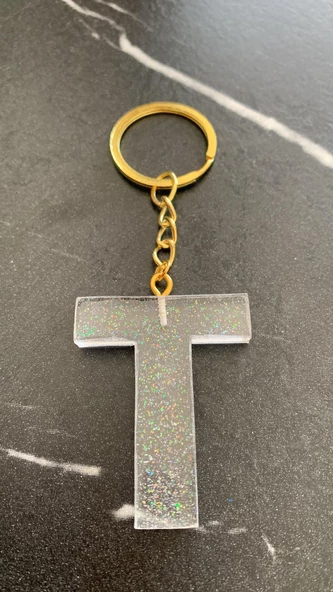 T Harfi Fosforlu Neon Yeşil Renk Parlak Simli Gold Aksesuarlı Anahtarlık El Yapımı Epoksi Hediyelik - Resim 7