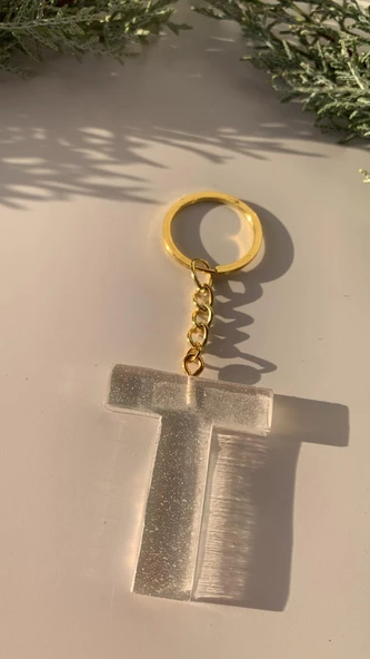 T Harfi Fosforlu Neon Yeşil Renk Parlak Simli Gold Aksesuarlı Anahtarlık El Yapımı Epoksi Hediyelik - Resim 2