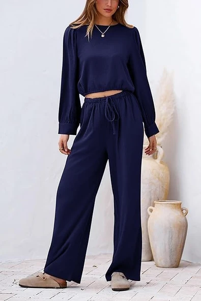 Keten Yazlık Yüksel Bel Pantolon Balon Kol Tasarım Bluz İkili takım Alt Üst - 6