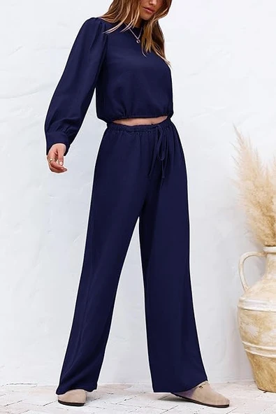 Keten Yazlık Yüksel Bel Pantolon Balon Kol Tasarım Bluz İkili takım Alt Üst - 3