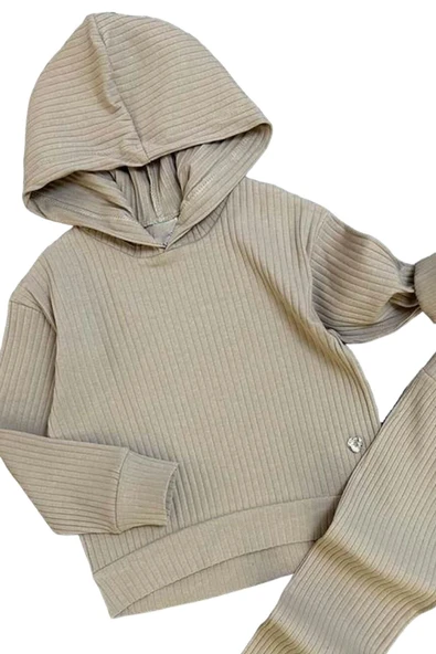 Kız Çocuk Kapüşonlu Sweatshirt Beli Lastikli Fitilli Bej Alt Üst Takım - Resim 2