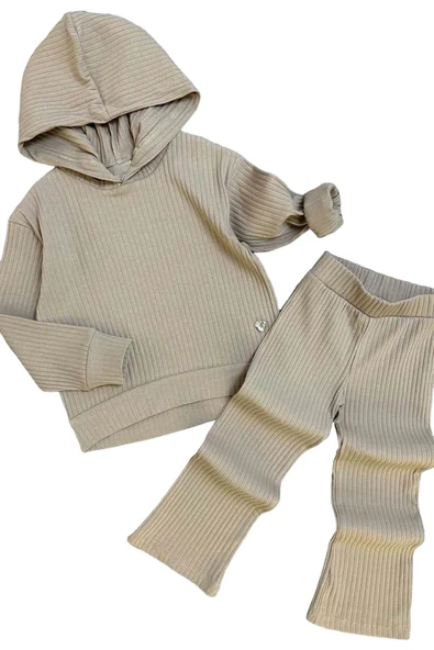 Kız Çocuk Kapüşonlu Sweatshirt Beli Lastikli Fitilli Bej Alt Üst Takım ürün görseli