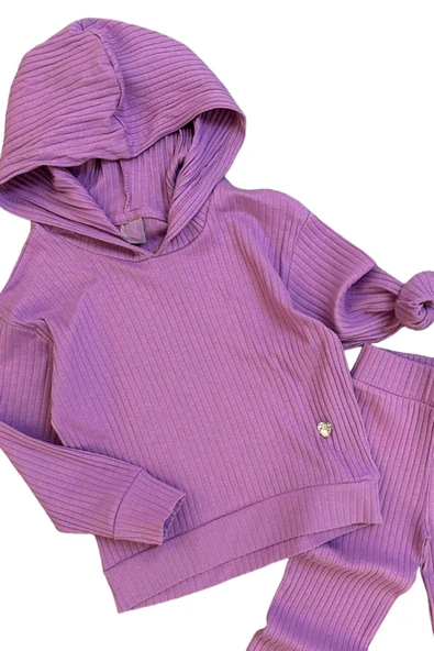Kız Çocuk Kapüşonlu Sweatshirt Beli Lastikli Fitilli Lila Alt Üst Takım - 2