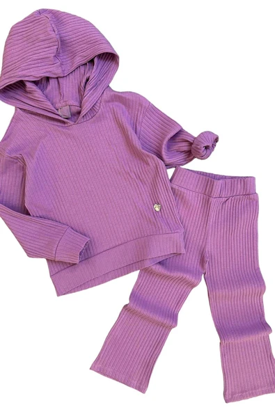 Kız Çocuk Kapüşonlu Sweatshirt Beli Lastikli Fitilli Lila Alt Üst Takım - 1