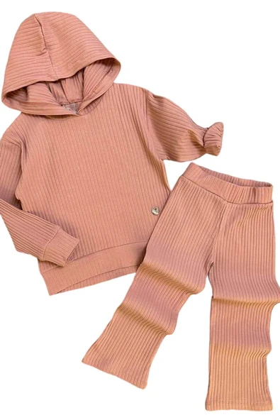 Kız Çocuk Kapüşonlu Sweatshirt Beli Lastikli Fitilli Pudra Alt Üst Takım - 1