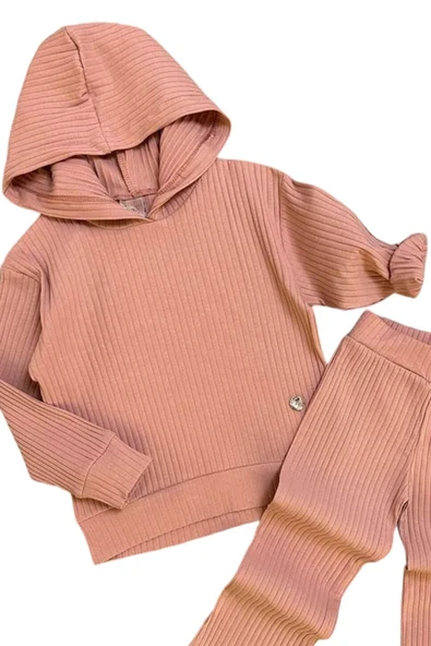 Kız Çocuk Kapüşonlu Sweatshirt Beli Lastikli Fitilli Pudra Alt Üst Takım - 2