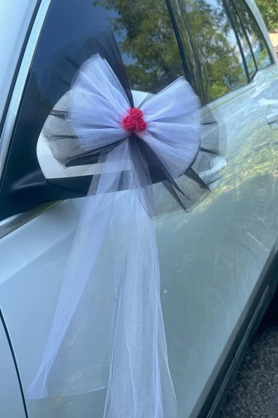 5 Adet Siyah Beyaz Kristal Tül Kırmızı Latex Gül Kuyruk Detaylı Düğün Nikah Kına Sünnet Konvoy Süsü - 6