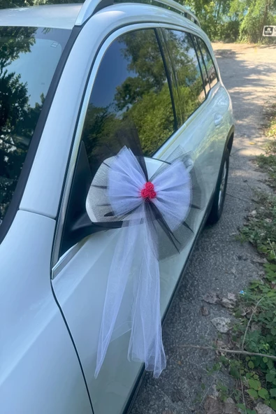10 Adet Siyah Beyaz Kristal Tül Kırmızı Latex Gül Kuyruk Detaylı Düğün Nikah Kına Sünnet Konvoy Süsü - 2