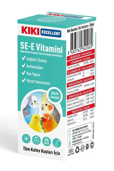 Kiki Excellent Kuşlar Se-e Vitamini - Kafes Kuşları Için Vitamin - Kuş Üremelerini Ve Yumurtlamayı Destekler 25ml