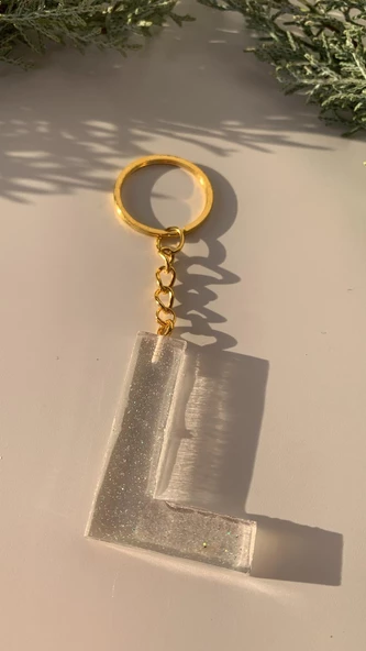 L Harfi Fosforlu Neon Yeşil Renk Parlak Simli Gold Aksesuarlı Anahtarlık El Yapımı Epoksi Hediyelik - Resim 6