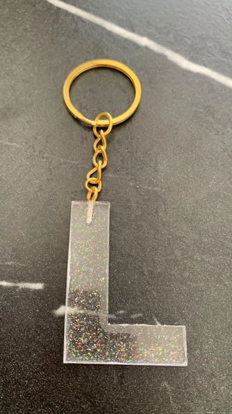 L Harfi Fosforlu Neon Yeşil Renk Parlak Simli Gold Aksesuarlı Anahtarlık El Yapımı Epoksi Hediyelik - Resim 4