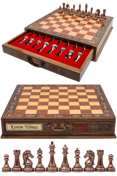 Cooper Chess Premium 38cm Büyük Çekmeceli Ahşap Kutulu Metal Satranç Takımı Bronz Gümüş Staunton Klasik Satranç