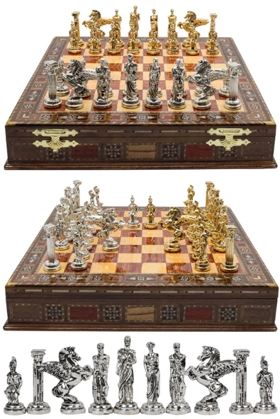 Cooper Chess Premium Büyük 36cm Masif Ahşap Kutulu Metal Satranç Takımı Altın Yunan Mitolojik Pegasus Satranç Set - 4