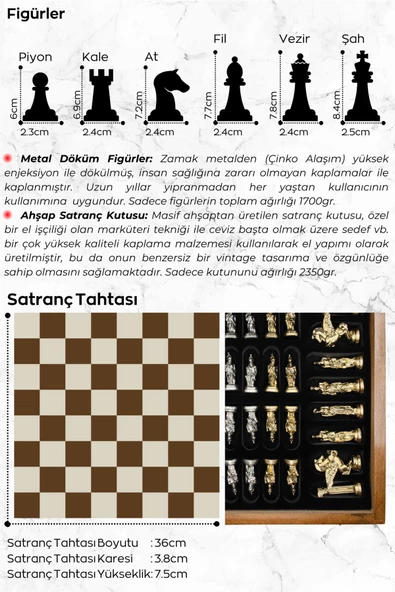 Cooper Chess Premium Büyük 36cm Masif Ahşap Kutulu Metal Satranç Takımı Altın Yunan Mitolojik Pegasus Satranç Set - 7