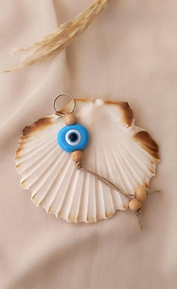 Nazar Boncuk Anahtarlık Mavi 10 Adet Kötü Göz Kovucu Ahşap Boncuklu Nazar Hand Made Hasır Nazarlı Anahtarlık - 2