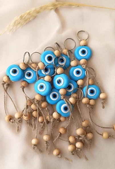 Nazar Boncuk Anahtarlık Mavi 10 Adet Kötü Göz Kovucu Ahşap Boncuklu Nazar Hand Made Hasır Nazarlı Anahtarlık - 5