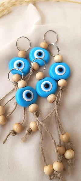 Nazar Boncuk Anahtarlık Mavi 10 Adet Kötü Göz Kovucu Ahşap Boncuklu Nazar Hand Made Hasır Nazarlı Anahtarlık - 6