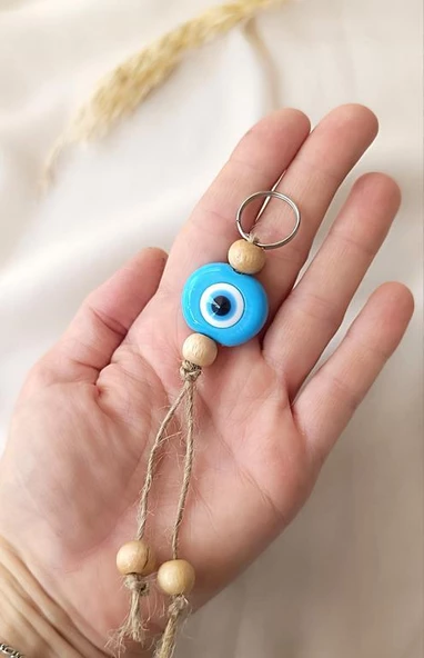 Nazar Boncuk Anahtarlık Mavi 10 Adet Kötü Göz Kovucu Ahşap Boncuklu Nazar Hand Made Hasır Nazarlı Anahtarlık - 7