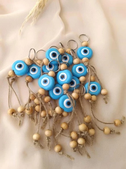 Nazar Boncuk Anahtarlık Mavi 10 Adet Kötü Göz Kovucu Ahşap Boncuklu Nazar Hand Made Hasır Nazarlı Anahtarlık - 3
