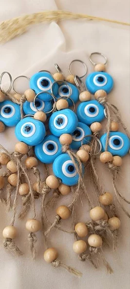 Nazar Boncuk Anahtarlık Mavi 10 Adet Kötü Göz Kovucu Ahşap Boncuklu Nazar Hand Made Hasır Nazarlı Anahtarlık - 4