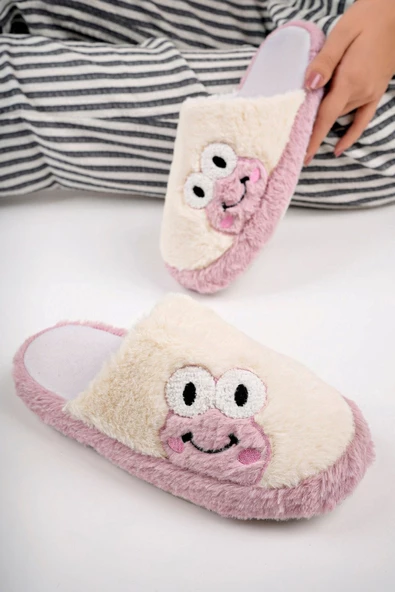 Albishoes Kadın Kurbağa Figürlü Sessiz Taban Önü Kapalı Peluş Kışlık Kadın Ev Terlik Ev Kadın Peluş - 3