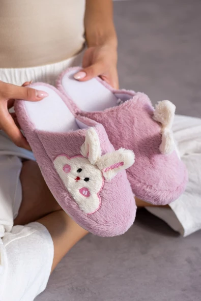 Albishoes Yumuşak Peluş Tavşan Figürlü Ev Terliği Peluş Ev Terliği Kadın Kışlık Yumuşak Ev Terlik