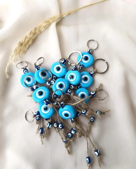 Nazar Boncuk Anahtarlık Mavi 10 Adet Kötü Göz Kovucu Nazar Hand Made Hasır Nazarlı Anahtarlık - Resim 3