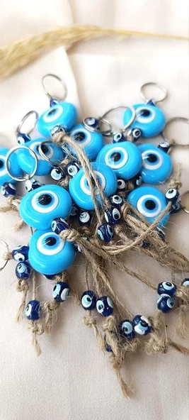 Nazar Boncuk Anahtarlık Mavi 10 Adet Kötü Göz Kovucu Nazar Hand Made Hasır Nazarlı Anahtarlık - Resim 4