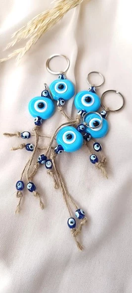Nazar Boncuk Anahtarlık Mavi 10 Adet Kötü Göz Kovucu Nazar Hand Made Hasır Nazarlı Anahtarlık - Resim 6