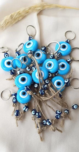 Nazar Boncuk Anahtarlık Mavi 10 Adet Kötü Göz Kovucu Nazar Hand Made Hasır Nazarlı Anahtarlık ürün görseli