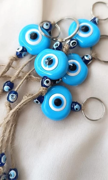 Nazar Boncuk Anahtarlık Mavi 10 Adet Kötü Göz Kovucu Nazar Hand Made Hasır Nazarlı Anahtarlık - Resim 5