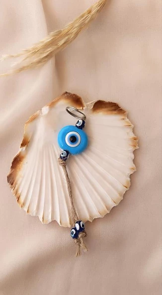 Nazar Boncuk Anahtarlık Mavi 10 Adet Kötü Göz Kovucu Nazar Hand Made Hasır Nazarlı Anahtarlık - Resim 2