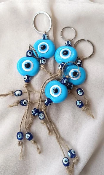 Nazar Boncuk Anahtarlık Mavi 10 Adet Kötü Göz Kovucu Nazar Hand Made Hasır Nazarlı Anahtarlık - Resim 7