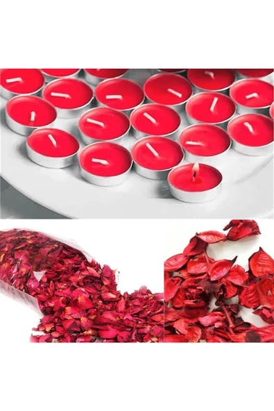 Özel Günlere Süsleme Sevgiliye Eşe Hediye 2000 Adet Kuru Gül Yaprağı 50 Adet Kırmızı Tealight Mum