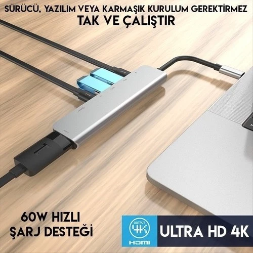 Type C Usb 3.1 7 İn1 Adaptör 4K Hmi-2*Usb 3.0 Sd-Microsd Kart Okuyucu-2*Type C - 3
