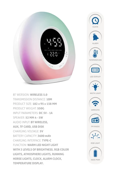 Powerway Saat Alarm Usb Aux Müzik Çalar Radyo Gece Lambası Taşınabilir Space Bluetooth Hoparlör - 5