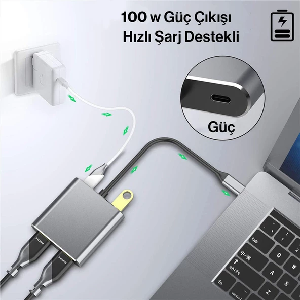Type C 4 in 1 Çift 4K Hdmi çıkış -20V Pd- Usb 3.0 port - 5