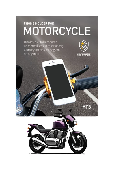Powerway MT15 Bisiklet Scooter ve Motosiklet İçin Dayanıklı Gidon Uyumlu Telefon Tutucu Alüminyum - 2