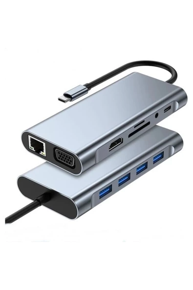 Pmr Type C Hub 11 In 1 Usb C Docking Station 4K Hdmı,Vga,Type C Pd,Usb3.0,Rj45 Ethernet,Sd/Tf Aux