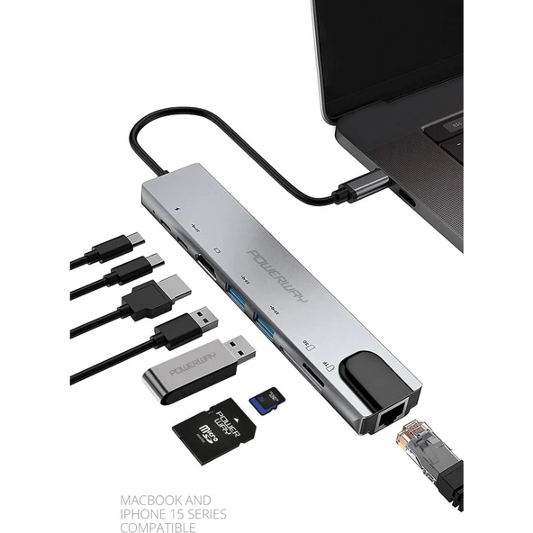 Powerway 8 in 1 Type-C Hub Dönüştürücü 4K Hdmi USB Micro Sd Gigabyte Ethernet