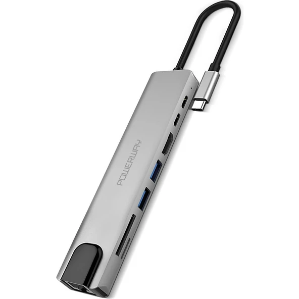 Powerway 8 in 1 Type-C Hub Dönüştürücü 4K Hdmi USB Micro Sd Gigabyte Ethernet - 2