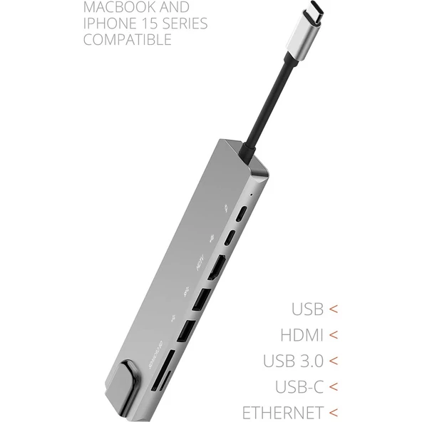 Powerway 8 in 1 Type-C Hub Dönüştürücü 4K Hdmi USB Micro Sd Gigabyte Ethernet - 3