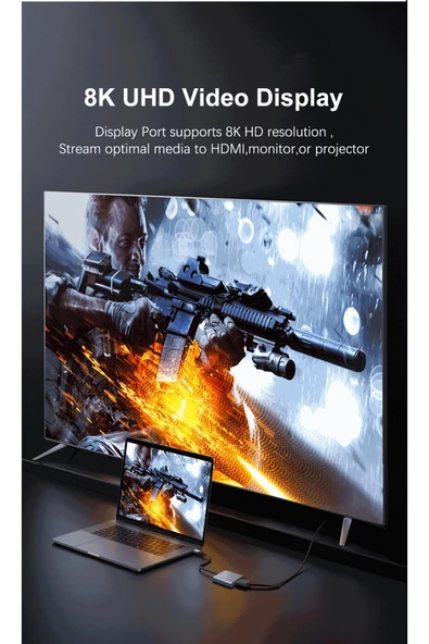 Type C To 8K 60Hz 4K-120 Hz Display Port- Usb 3.0 - Usb C Dişi 100W Çevirici - 3
