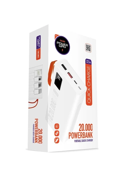 Powerway Pd 22.5W 20.000 Mah. Hızlı Şarj QC20 Beyaz Powerbank Q.C20 - 3