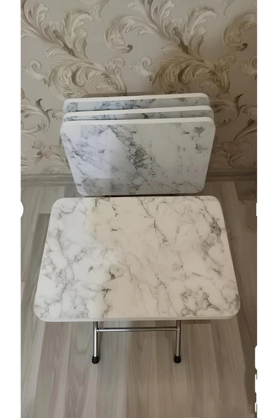 HOMEBELLA Katlanabilir Beyaz Mermer Zigon 4'lü Sehpa Takım Paslanmaz Gri Metal Ayaklı 52 Cm Yukseklik - 4