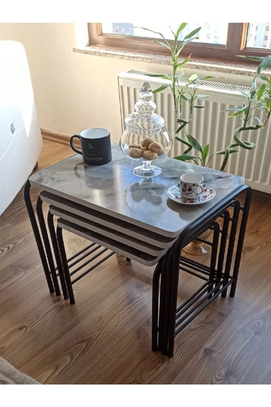 HOMEBELLA Milano 3d Parlak Sunta Metal Statik Siyah Ayaklı 4'lü Zigon Sehpa Üreticiden E1 Tse