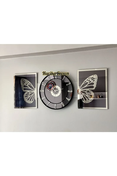 Aynalı Model 2 Li Kelebek Tablo Ve Saat Seti 40