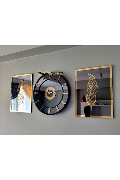 Aynalı Model 2 Li Tüy Tablo Ve Saat Seti 40 - 3