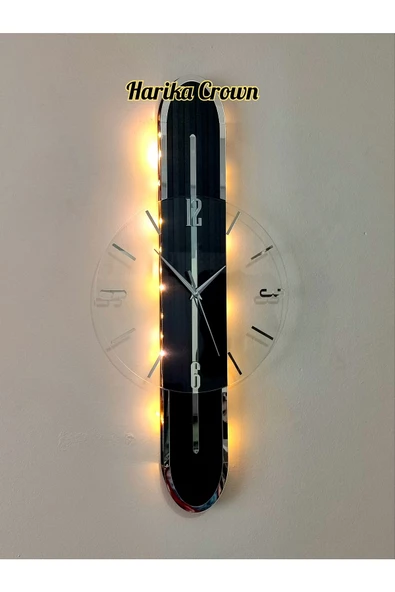 Stylish Design Cam  Ahşap  Aynalı-65cm- Pilli Led Sessiz Mekanizma Duvar Saati